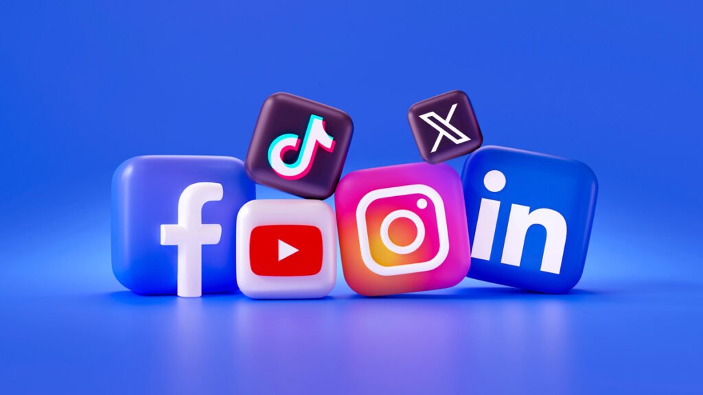A Design showing social media logos: Facebook, YouTube, Instagram, LinkedIn, Twitter X, and TikTok