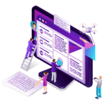 A design of a Screen with little people working and building a website