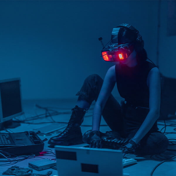 A Person Sitting on the Floor with VR Goggles Glowing Red Using a Computer