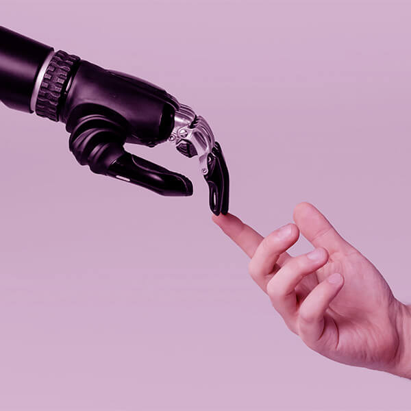 A Design showing a human hand and a robot hand touching