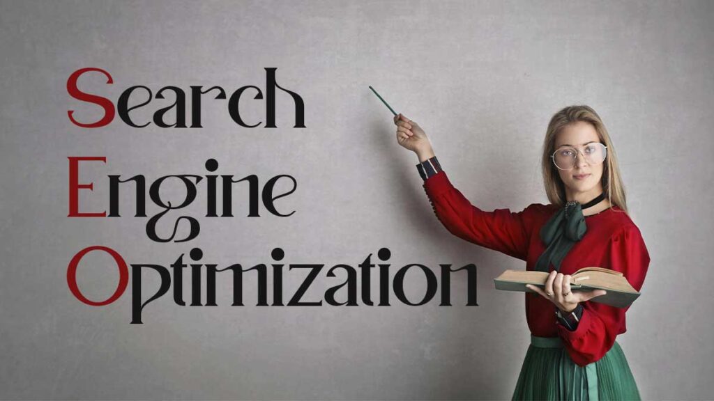 a Design with a lady pointing at a board showing Search-Engine-Optimization-(SEO)